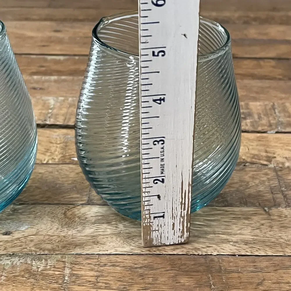 Aqua Blue Hand Blown Stemless Wine Glasses Spiral Design Set of 2